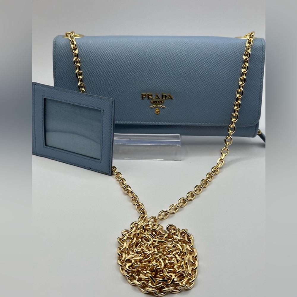 Prada Blue Wallet with Gold Chain